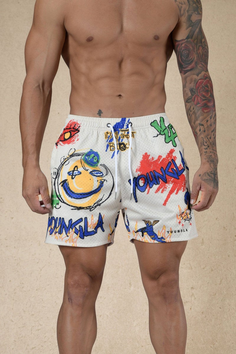 YoungLA 125 Graffiti Shorts Off-White Smile | JIZN75640