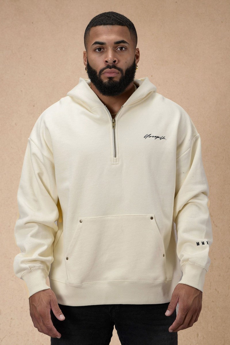 YoungLA 509 Rivet Quarter Zip Hoodie Off-White | OJLH37912