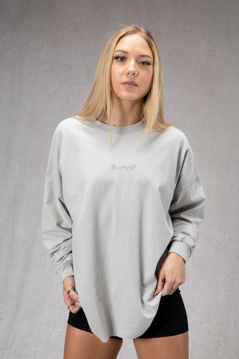 YoungLA W416 Retro Long Sleeve Světle Šedé Blankyt Světle Modré | NLZX84729